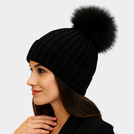 Knitted Fox Fur Pom Pom Winter Beanie Hat
